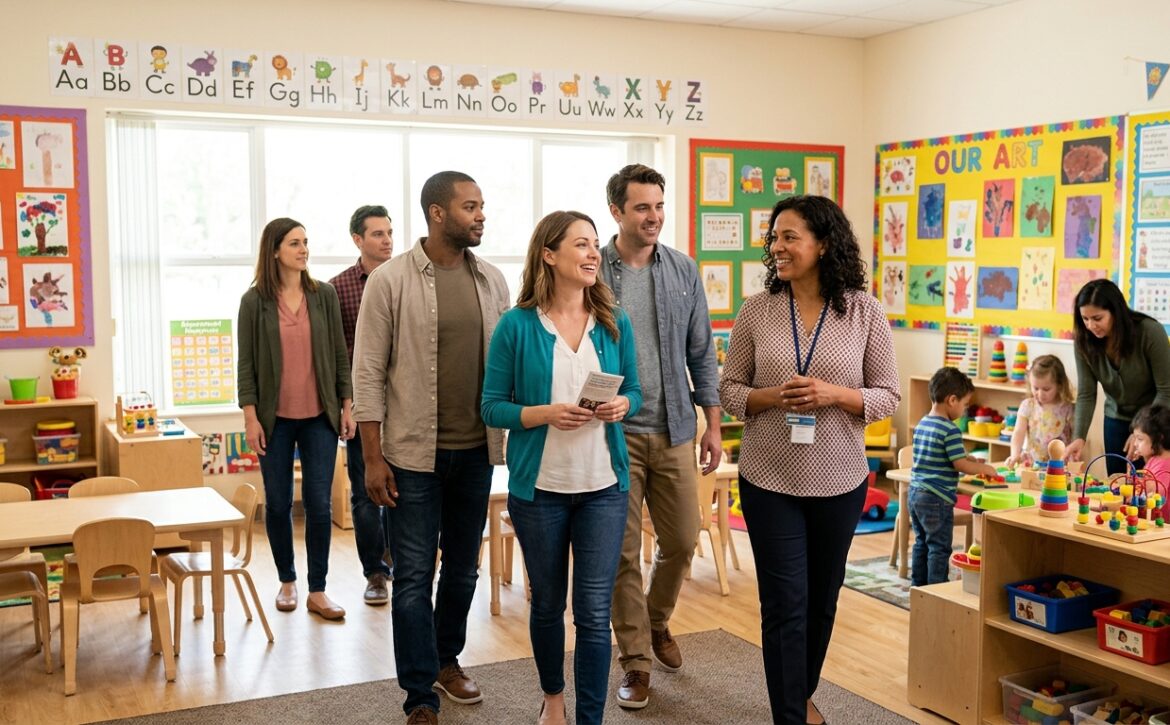 Parents touring a bright, welcoming preschool classroom at Brainy Kids Place in Santa Fe
